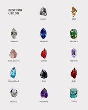 A labeled grid showing gemstones and metals with the text 'BEST FOR USE ON' at the top left. Items include silver, gold, diamond, sapphire, emerald, rose quartz, garnet, amethyst, aquamarine, onyx, ruby, quartz, tanzantite, and topaz, each pictured as a polished or rough stone on a light gray background.